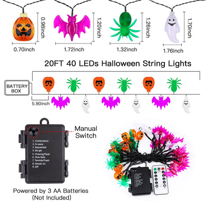 20FT 40LED Halloween Lights Outdoor Indoor Pumpkin Bat Spider Ghost Halloween String Lights Battery Operated, 8 Light Modes Waterproof Fairy Lights Decorations for Home Yard Window Party Outside Decor