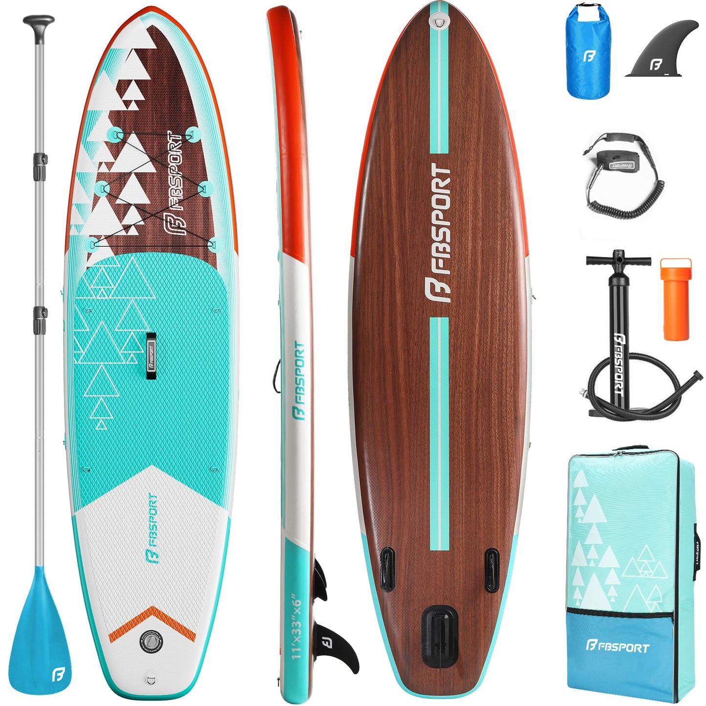 FBSPORT 11' Premium Stand Up Paddle Board, Yoga Board with SUP Accessories & Carry Bag | Wide Stance, Surf Control, Non-Slip Deck, Leash, Paddle and Pump for Youth & Adult(BlueWhite)