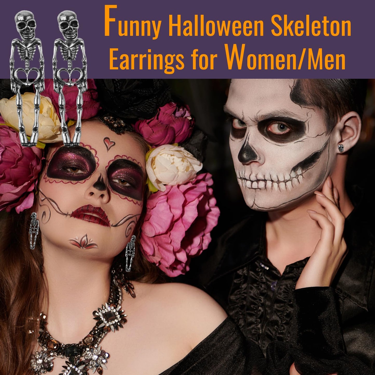 Halloween Earrings Silver, Skeleton Skull Dangle Earrings Jewelry for Women, Ideal for Halloween Party Cosplay(1 Pair Stud Style)