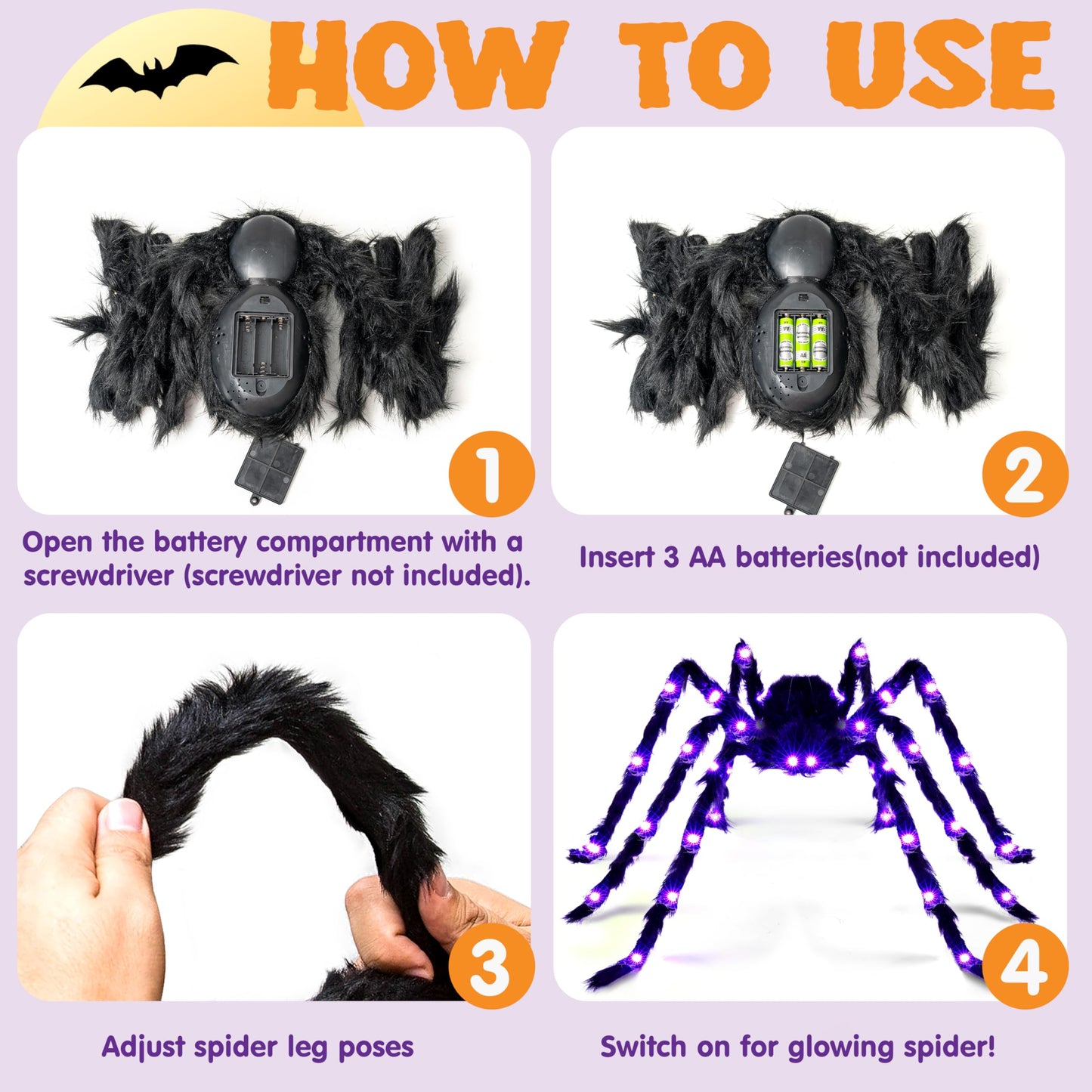 JOYIN 2 Pack 5 Ft Halloween Light Up Spiders Outdoor Decorations, Scary Giant Spider with Purple LED, Fake Large Haunted House Props, for Halloween Lawn Porch Yard Garden Tree Outside Indoor Decor