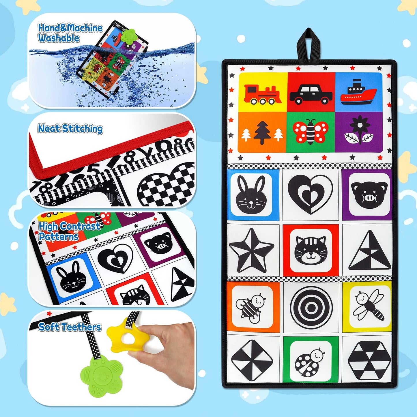 Dr.Rapeti Tummy Time Floor Mirror for Baby Infant Toddler Kids Black and White High Contrast Baby Toy with Teethers Floor Activity Toy Washable Non-Toxic