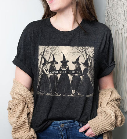 Halloween Shirts for Women Girls Will Be Girls Halloween Shirts Vintage Witch Shirt Casual Funny Halloween Party Shirt (L, Girls-Dark Grey)
