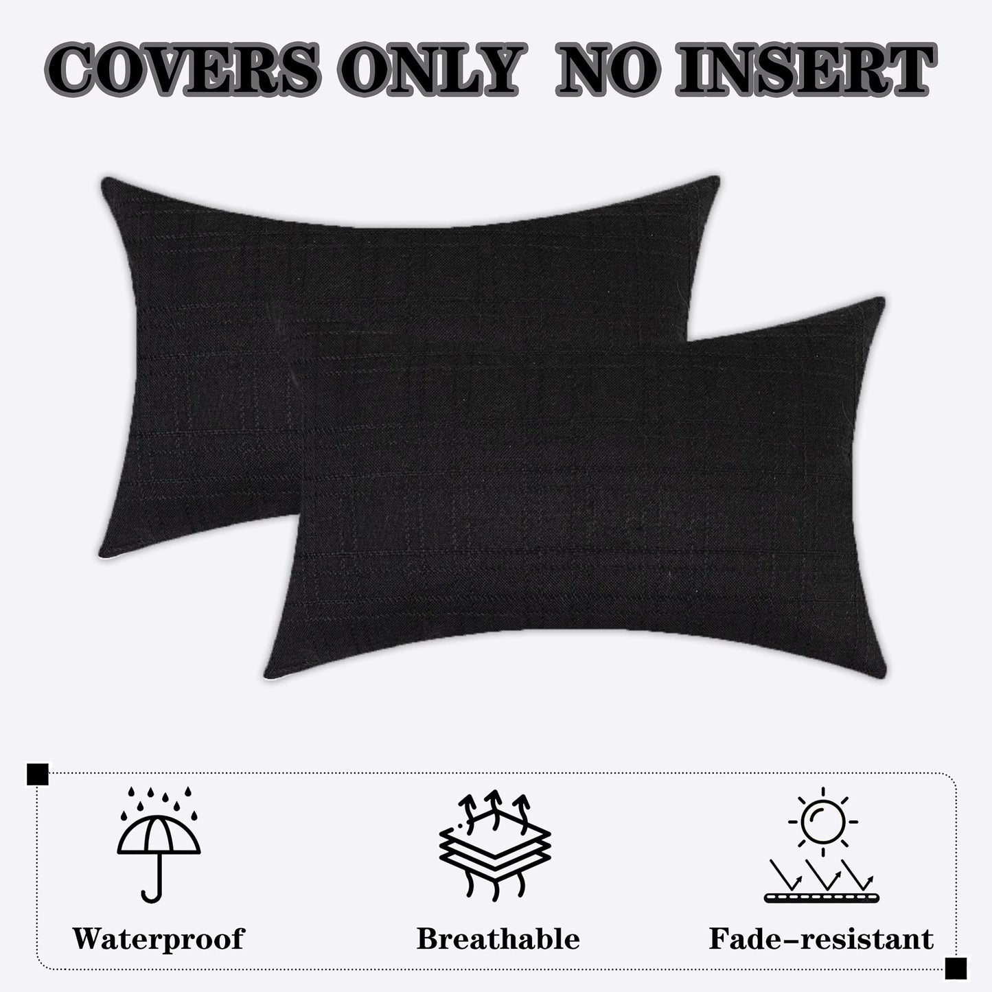 Kevin Textile Pack of 2 Decorative Outdoor Waterproof Throw Pillow Covers Checkered Lumbar Pillowcases Classic Cushion Cases for Patio Couch Bench 12 x 20 Inch Black