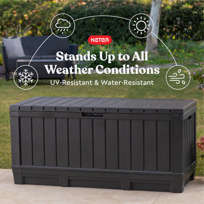 Keter Kentwood 92 Gallon Resin Deck Box-Organization and Storage for Patio Furniture Outdoor Cushions, Throw Pillows, Garden Tools and Pool Floats, Dark Grey