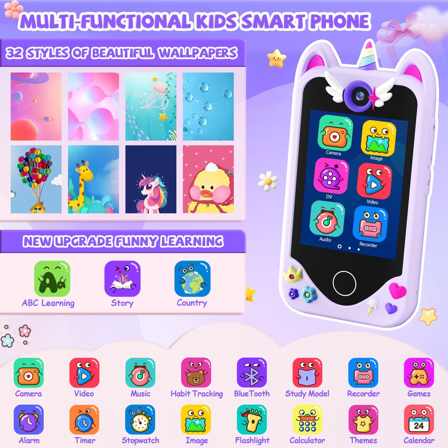 Kids Smart Phone for Girls Gifts - Toddler Christmas Birthday Gift for Age 3 4 5 6 Year Old, Kids Cell Phone Toy with Touchscreen, Dual Cameras, Learning, Kid Mp3 Player, Games with 32 GB Card