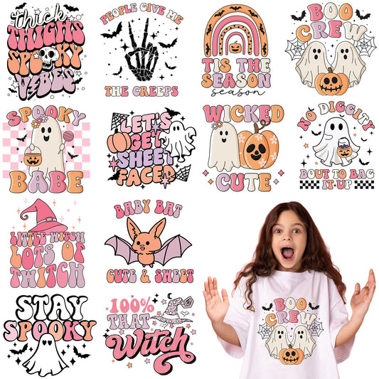 Fainne 12 Halloween Sheets Iron on Decals Watercolor Transfers for Clothing, Halloween Heat Transfer Stickers, Appliques for T-Shirts Jackets DIY Art Decor