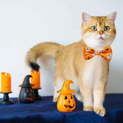 Halloween Cat Collar Set, 2 Pack Holiday Spooky Ghost & Pumpkin Adjustable Collars with Bow Tie & Bells, Safety Breakaway Buckle for Boys and Girls Kitties Kittens