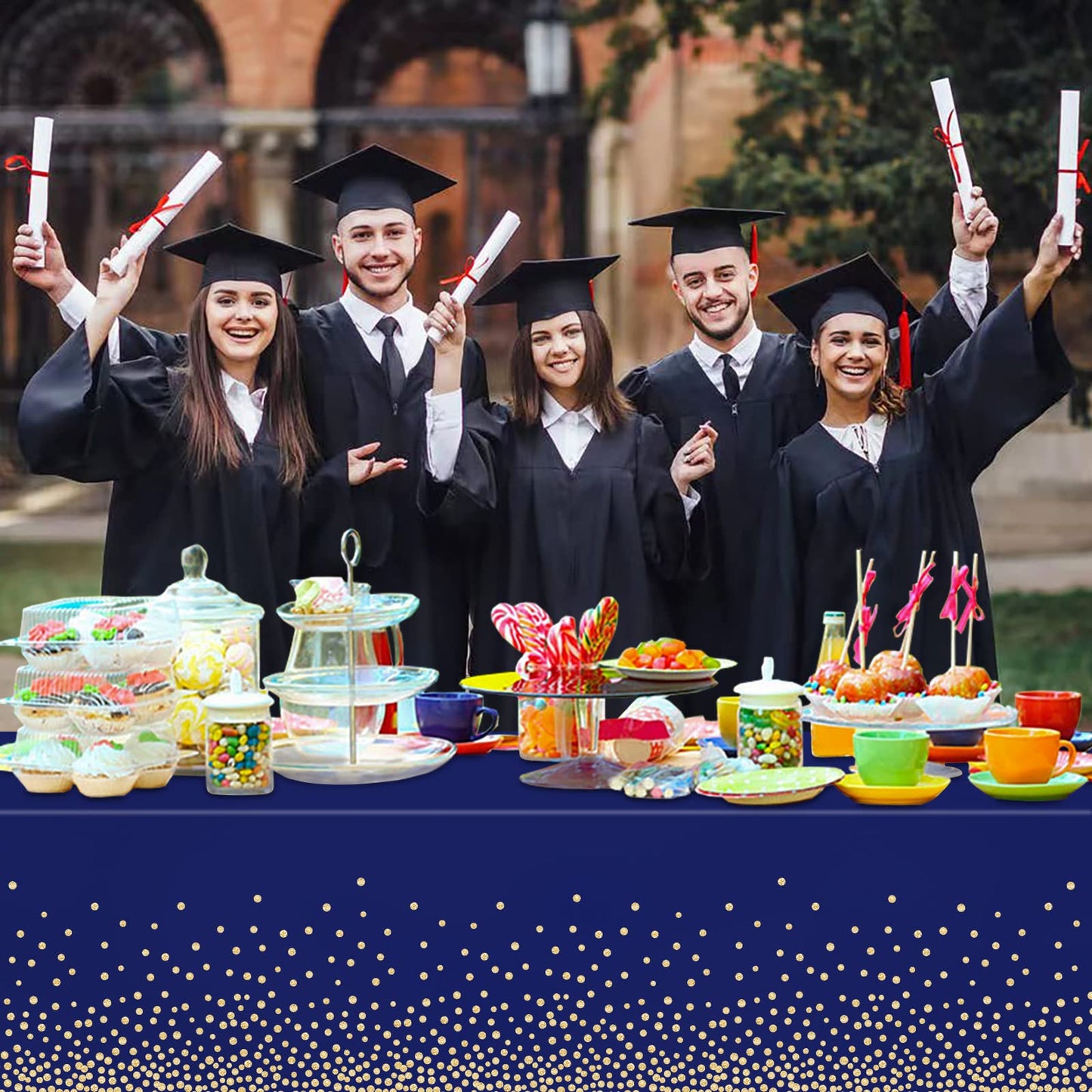 2 Pcs Navy Blue and Gold Plastic Tablecloth for Rectangle Table, 54 × 108 inches Disposable Gold Dot Dark Blue Party Table Covers for Anniversary, Wedding, Fine Dining, Graduation Party Decoration