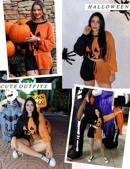 Ekouaer Knit Pajamas Set for Women Lounge Sets 2 Piece Long Sleeve Top and Shorts Pj Soft Sleepwear Cute Sweater Outfits Halloween Orange S