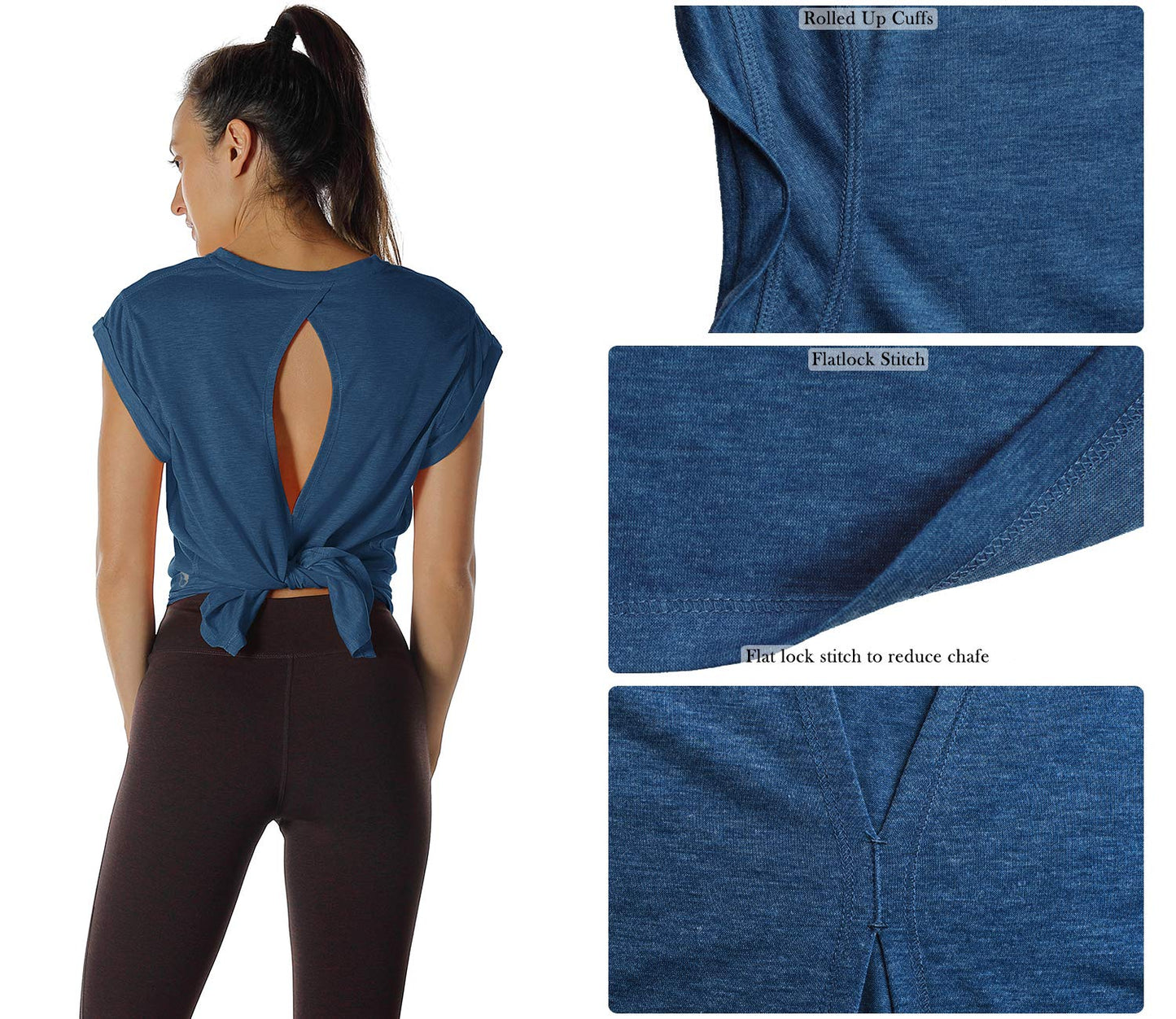 icyzone Open Back Workout Top Shirts - Yoga t-Shirts Activewear Exercise Tops for Women(Pack of 2) (S, Grey/Denim)