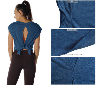 icyzone Open Back Workout Top Shirts - Yoga t-Shirts Activewear Exercise Tops for Women(Pack of 2) (S, Grey/Denim)