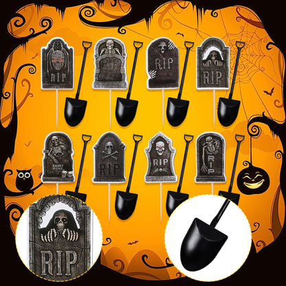 48 PCS Halloween Cupcake Toppers Tombstone Cupcake Picks Novelty Mini Shovel Spoons Horrible Gravestone Skeleton Cupcake Decorations for Halloween Theme Birthday Party Cake Decorations Supplies