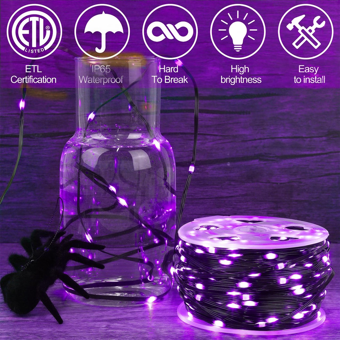 WATERGLIDE Extra Long 328 FT Halloween Lights, 1000 LED Outdoor Fairy String Light, Green PVC Copper Wire Christmas Lights, Plug in 8 Modes & Waterproof for Tree Party Home Yard Decor, Purple
