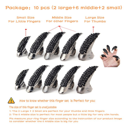 10 Pcs Halloween Costume Claws Fake Nails Ring Set, Bestga Gothic Punk 3 Sizes Crystal Full Finger Rings Paved Paw Bend Fingertip Fingernail Claw Girls Women Men Ring False Easy Long Nails (Black)
