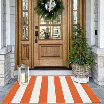 KOZYFLY Striped Rug 27.5x43 Inches Orange and White Halloween Fall Front Door Rug Hand Woven Area Rugs Washable Outdoor Doormats Indoor Entrance Mat for Front Porch Kitchen Entryway Patio Holiday