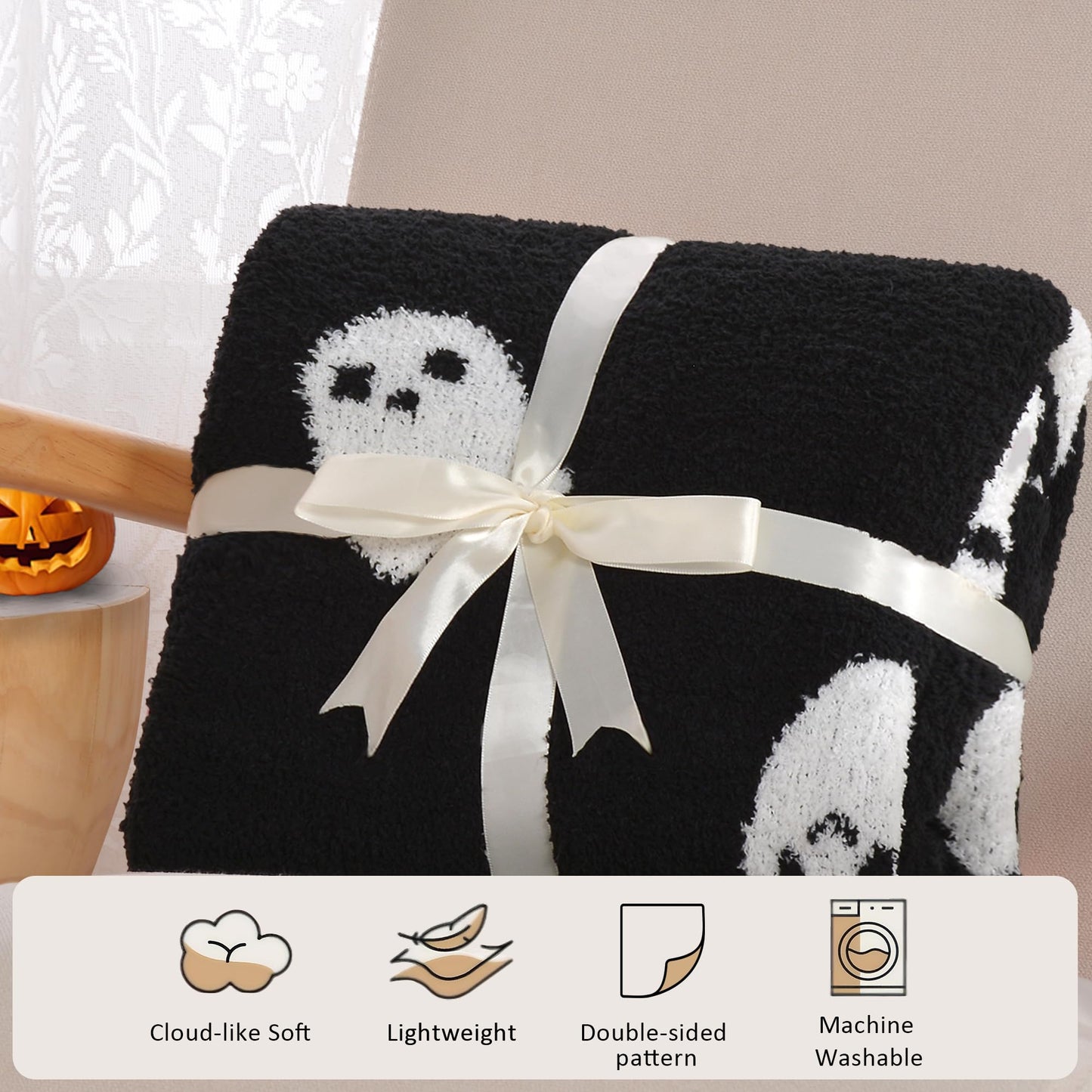 JOOJA Halloween Decor Soft Cozy Kid Blanket for Bed Couch Sofa 50x60 Inch Black Ghost