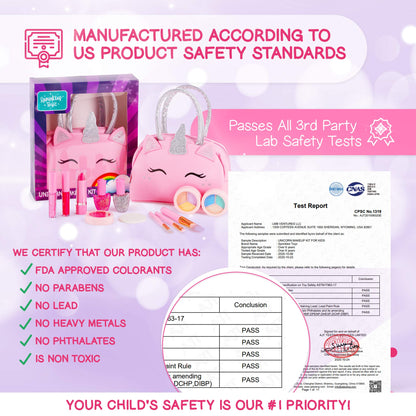 Kids Real Makeup Kit for Girls with Pink Unicorn Purse, Non Toxic Washable Make Up - Unicorn Toys for Toddler & Birthday Gifts for Girl Ages 3 4 5 6 7 8 9 10 Years Old - Pretend Play Vanity Set
