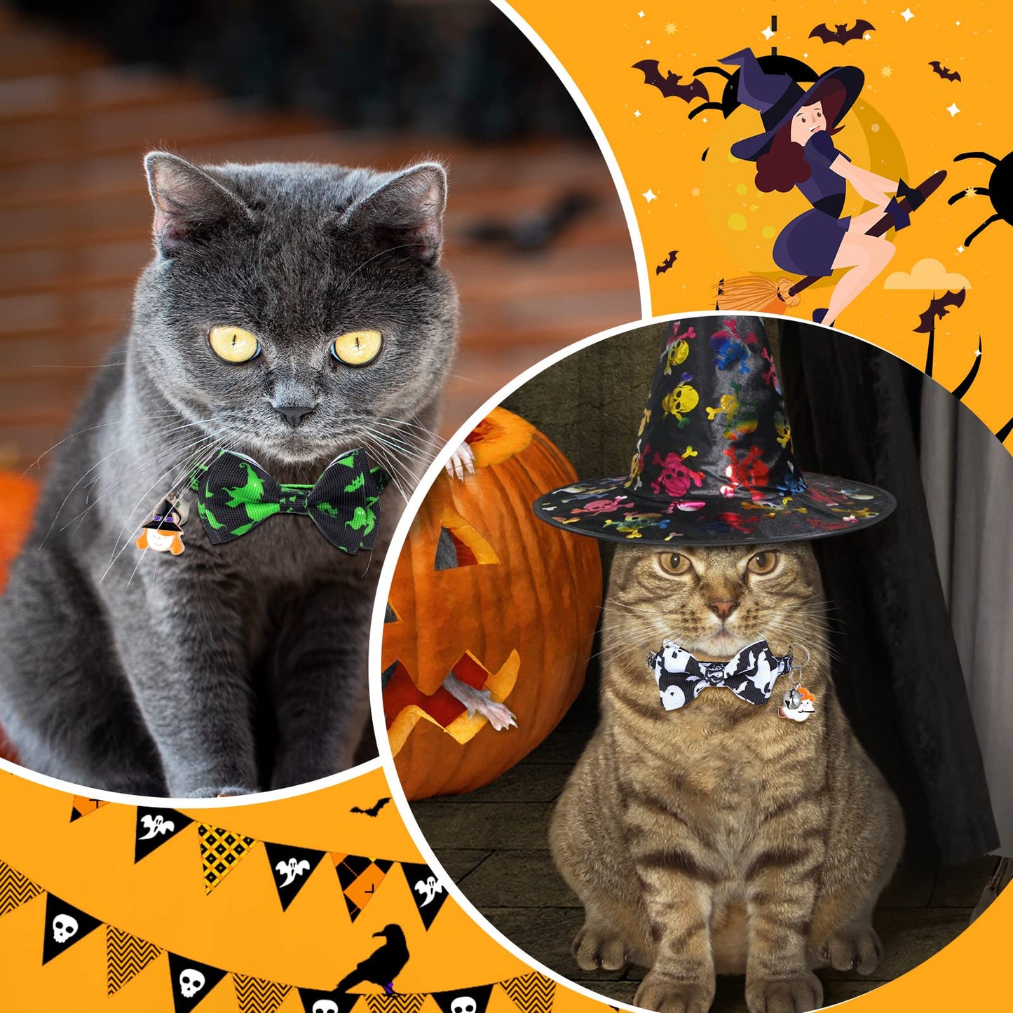 6 Pcs Halloween Cat Collar with Bow Tie and Bells, Breakaway Kitten Collar Ghost Pumpkin Witch Skull with Buckle Adjustable 7-11 Inch Funny Gothic Cat Supplies