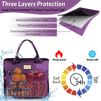 Large Women Lunch tote Bags for Work Insulated/Insulated Adult Lunch Box for Women/Nylon Thermal cooler Bag Leakproof Cooler Tote Bag with Storage Pocket (lumina purple)