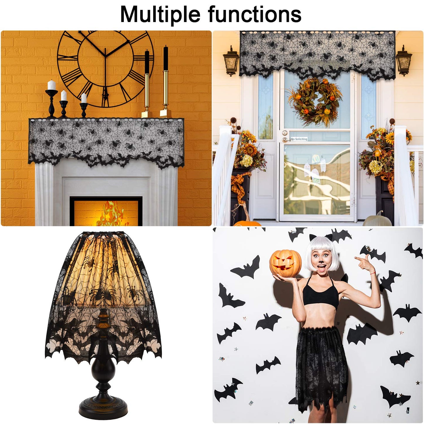 2 Pieces Halloween Lamp Shade Cover Black Lace Spider Web Lampshades Cover Topper Decoration with 60 Pieces 3D Bat Stickers for Halloween Party Indoor Decor