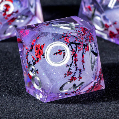 KERWELLSI Liquid Core Flower DND Dice Set with Box, 7Pcs Resin Plum Blossom Resin Sharp Edge Polyhedral Dice, Purple Role Playing Dice D20 D12 D10 D8 D6 D4