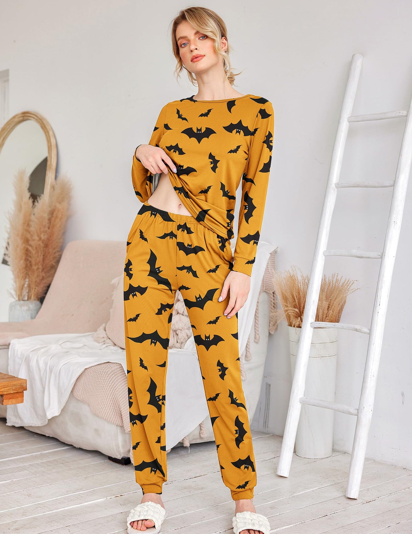 Ekouaer Womens Halloween Jogger Pajama Sets Long Sleeve Sleepwear Round Neck Nightwear Soft Pjs Lounge Sets with Pockets Yellow Halloween Medium