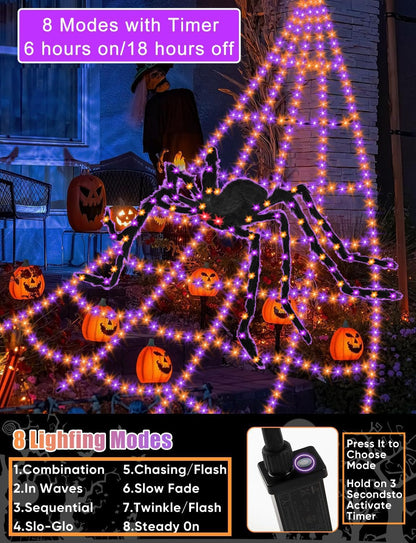Spider Web Halloween Decorations Lights - 550 LEDs Outdoor Giant Halloween Decor 16.4ft Spider Web with 4ft Light-up Spider, 8 Modes, Waterproof&Timer for Yard Garden, Outside Party (with Spider)