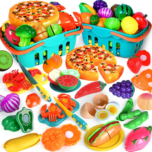 100 PCS Cutting Play Food Toy for Kids Kitchen, Pretend Food Toys for Toddlers, Play Kitchen Toys Accessories with 2 Baskets, Fake Food/Fruit/Vegetable, Birthday Gifts for 3 4 5 Years Old Boys Girls