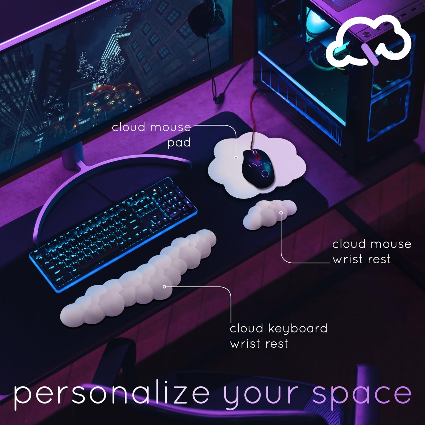 Create-ables Qloud Cloud Wrist Rest Keyboard Wrist Rest for Computer Keyboard Pad, Cloud Keyboard Wrist Rest, Wrist Pad for Keyboard, Memory Foam, Non Slip Base, Comes with Mouse Pad - White