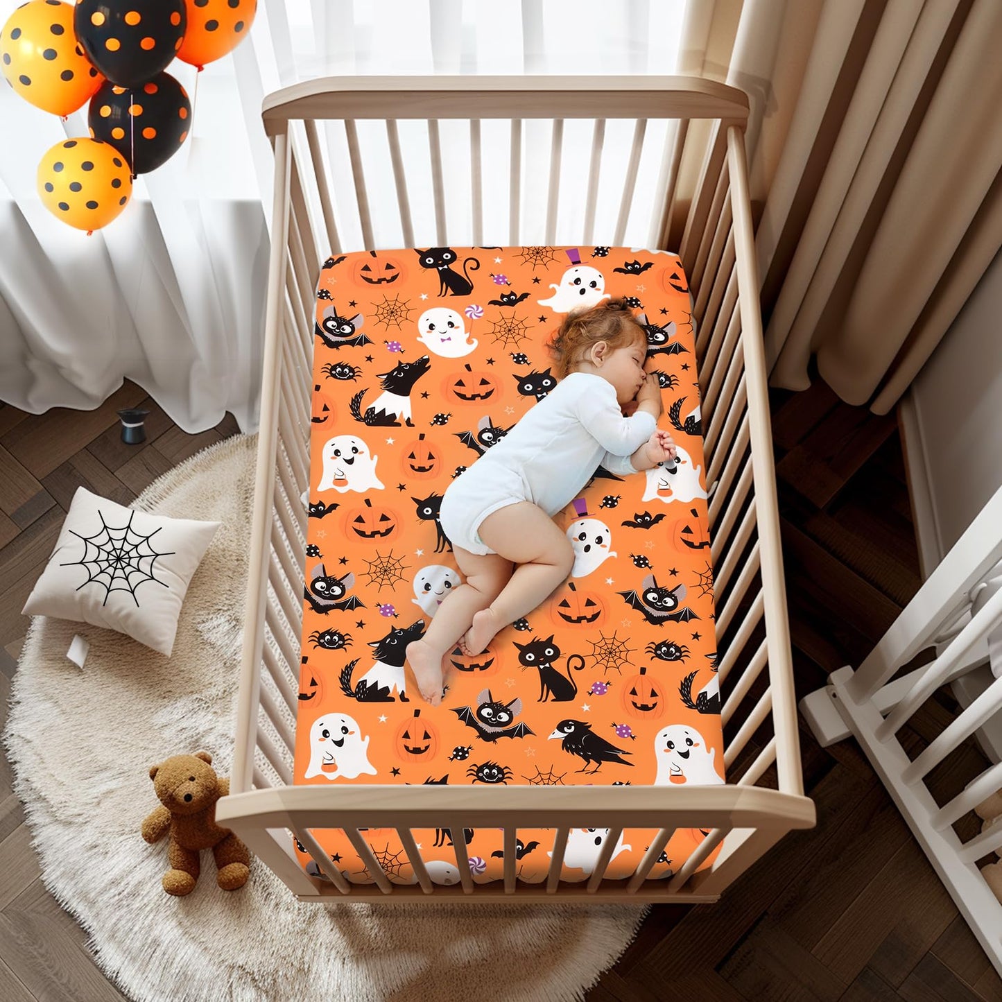 JISEN Halloween Crib Sheet Bats Fitted Crib Sheet for Boys Girls Crib Mattress Cover Baby Sheet for Standard Crib and Toddler Mattress Soft Breathable Baby Bed Sheet for Neutral 52x28 Inch Ghosts