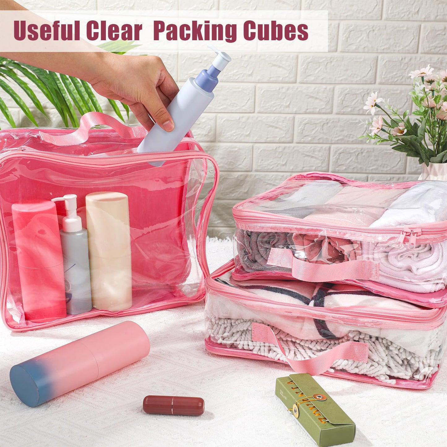 6 Pieces Large Clear Travel Packing Cube Clear Vinyl Zippered Storage Bags See Through Moving Bag PVC Multipurpose Pouch with Handle for Suitcase Shirts Dress Storage (Pink,11.8 x 10.2 x 3.9 Inch)