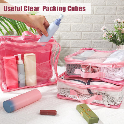 6 Pieces Large Clear Travel Packing Cube Clear Vinyl Zippered Storage Bags See Through Moving Bag PVC Multipurpose Pouch with Handle for Suitcase Shirts Dress Storage (Pink,11.8 x 10.2 x 3.9 Inch)