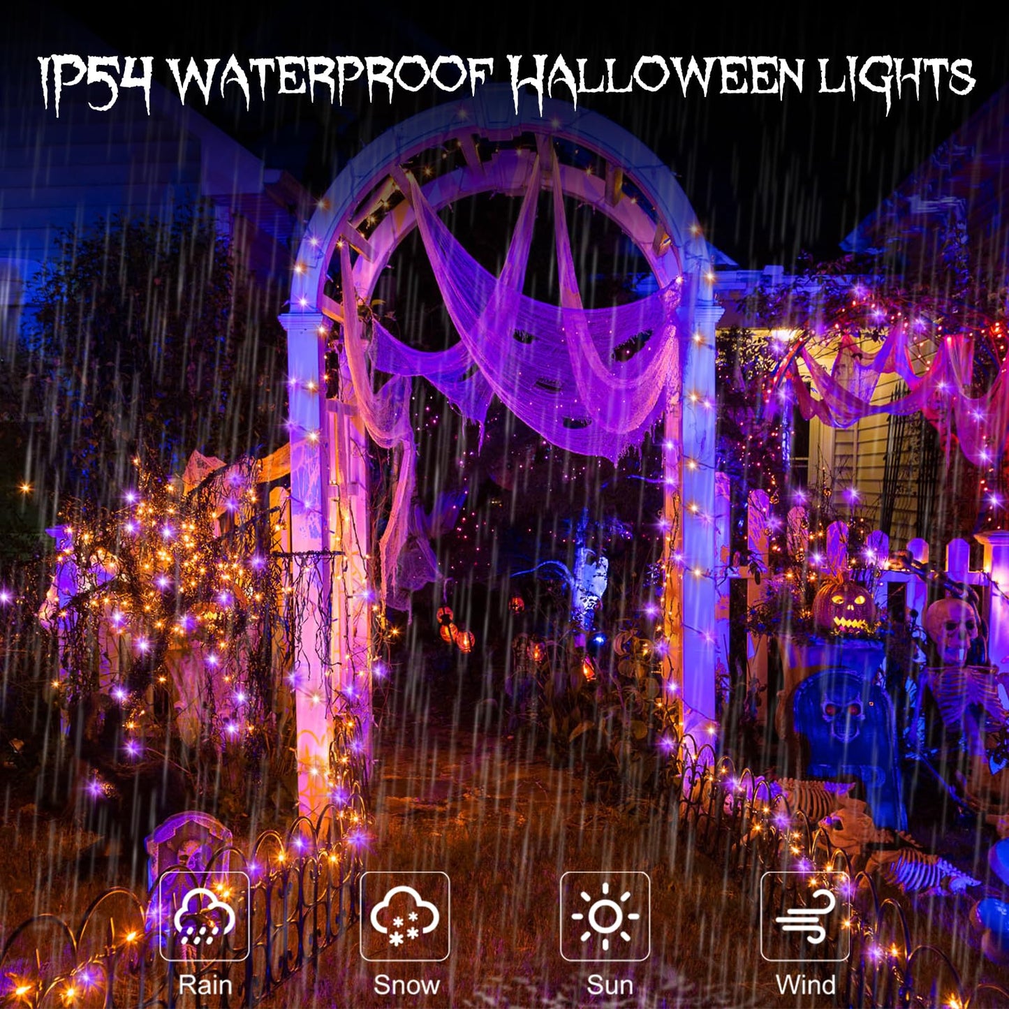 2 Pack Halloween Fairy Lights Battery Operated 200 LED 66Ft Silver Wire Starry String Lights Auto Timer 8 Modes Waterproof Mini String Lights for Outdoor Garden Yard, Fence Decor (Purple & Orange)