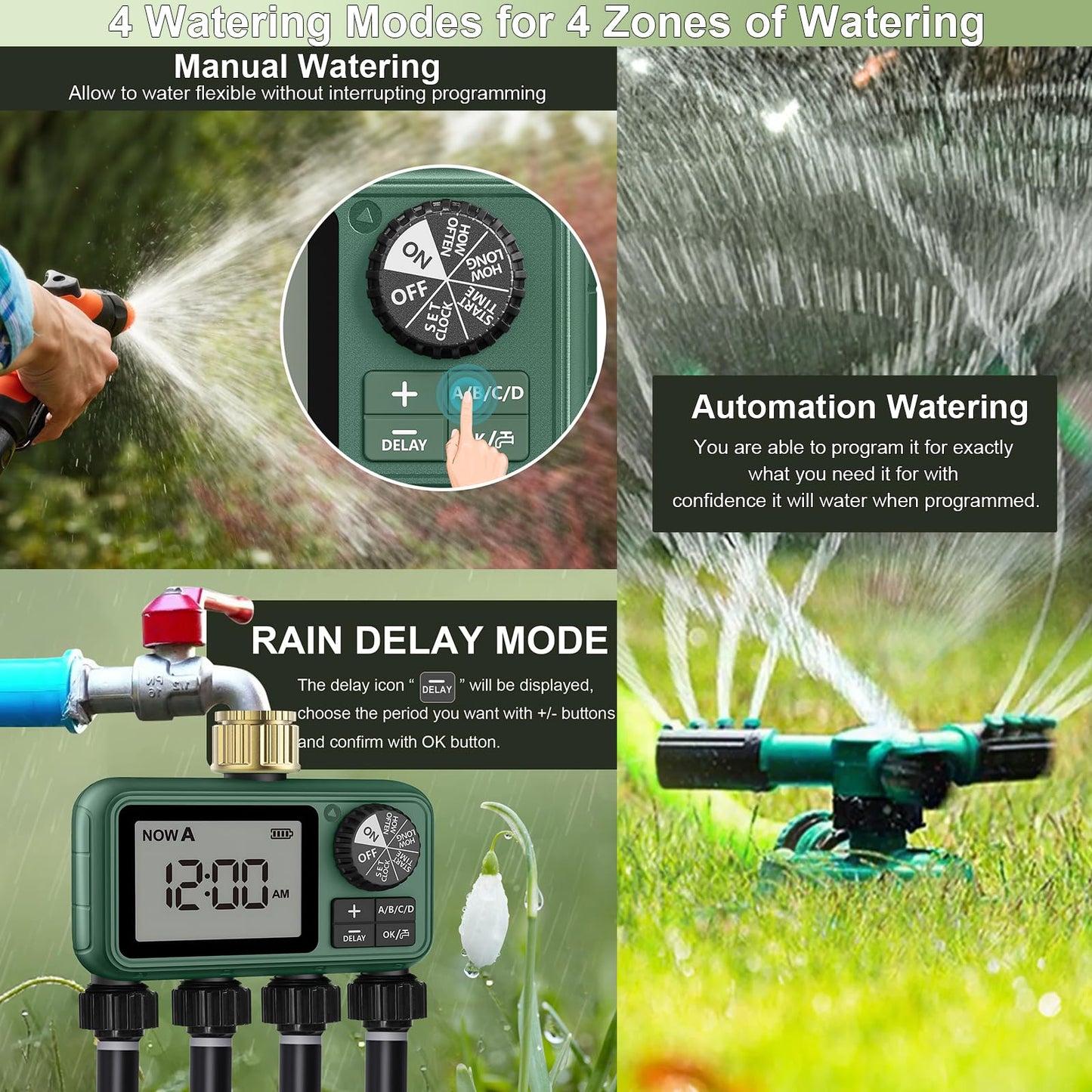 4 Outlet Sprinkler Timer Brass, Programmable Garden Hose Timer with Rain Delay, Manual& Automatic Watering System, Waterproof Gardening Supplies Irrigation Controller for 4 Separate Water Zones
