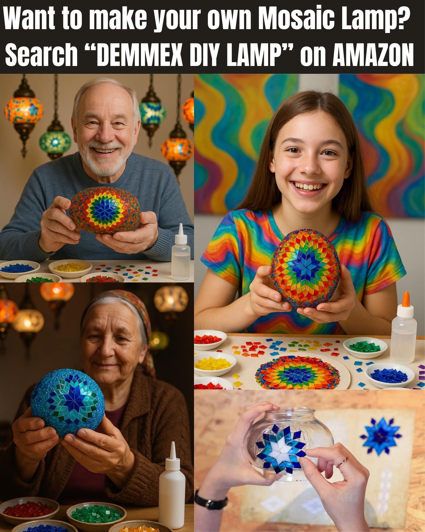 DEMMEX Turkish Moroccan Mosaic Table Lamp – Handcrafted Tiffany-Style Colorful Glass Swan Neck Bedside, Desk, Table Light, Boho Artisan Accent Lighting for Bedroom or Living Room – 15" H, Black White