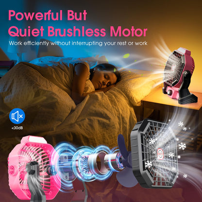 JINLICTE Camping Fan with LED Lantern, 20000mAh 9-inch Rechargeable Battery Operated Portable Tent Dual Motor, Quiet and Strong Wind, Hang Hook, Perfect Outdoor USB for Picnic, Barbecue, Fishing