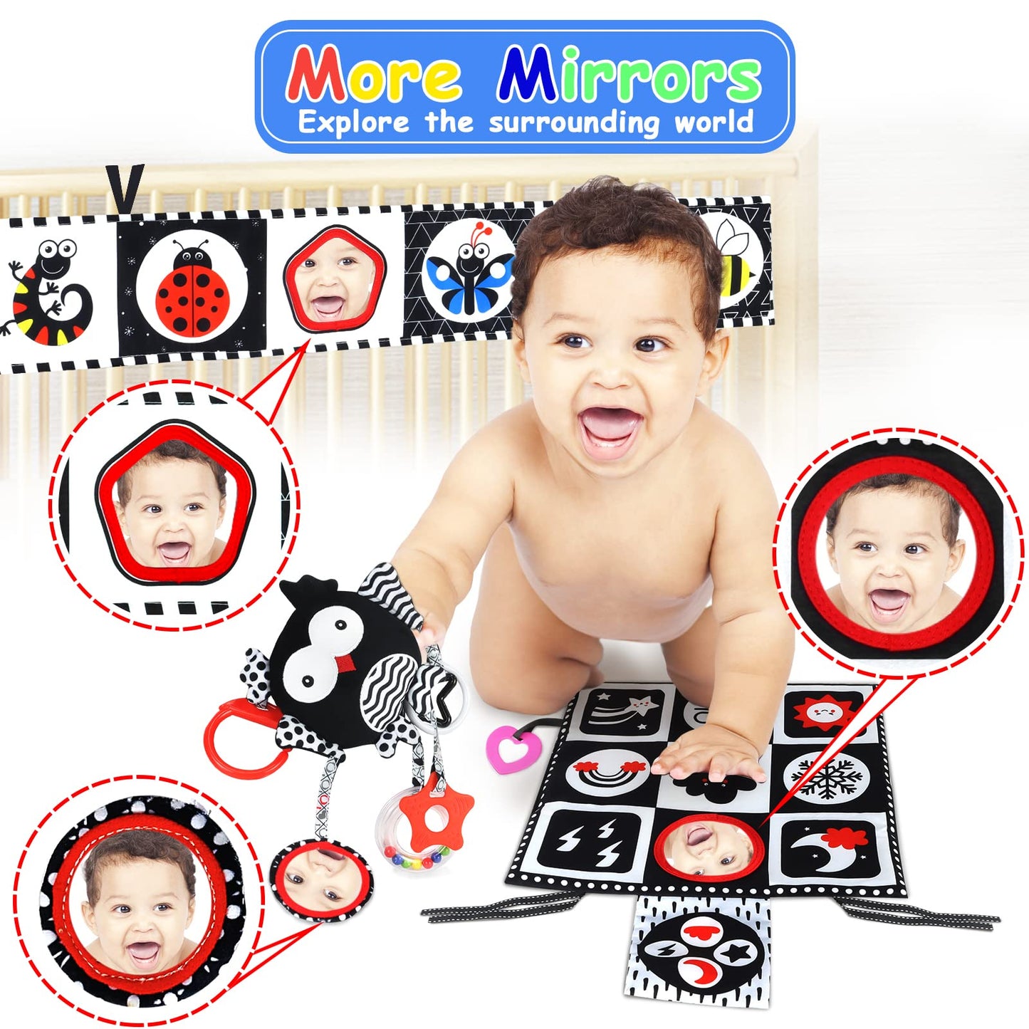 KUANGO Black and White High Contrast Baby Toys 0-6 Months with Mirror, Crinkle and Rattles, Soft Baby Toys for Brain Development Montessori Sensory Tummy Time Newborn Infant for 0 3 6 9 Months Old