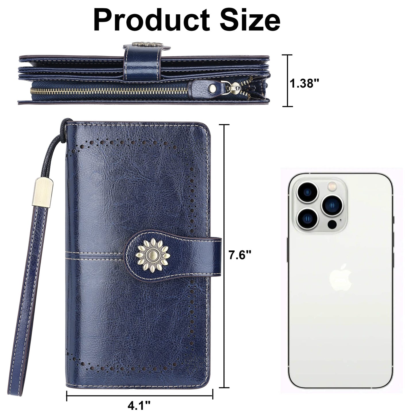 Lavemi Womens Large Capacity Genuine Leather RFID Blocking Wallets Wristlet Clutch Card Holder(1- Blue)