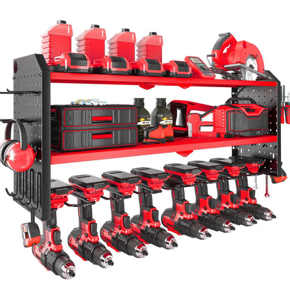 KAFAHOM Power Tool Organizer, Large 8 Drill Holder Wall Mount with 2 Side Pegboards, Heavy Duty Metal Tool Shelf with 12 Hooks, Storage Rack for Garage Organization, Utility Battery Shelves - Red