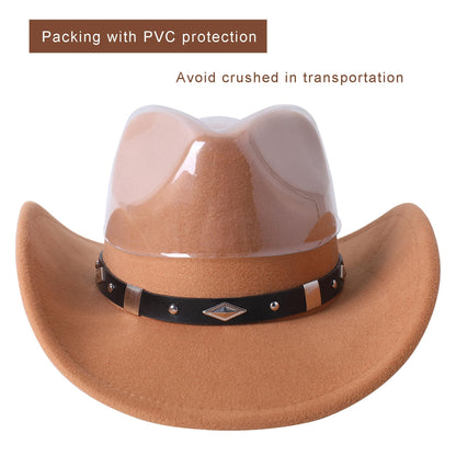 Lanzom Women Men Classic Felt Wide Brim Western Cowboy Cowgirl Hat with Belt Buckle(Medium-Large,Black)