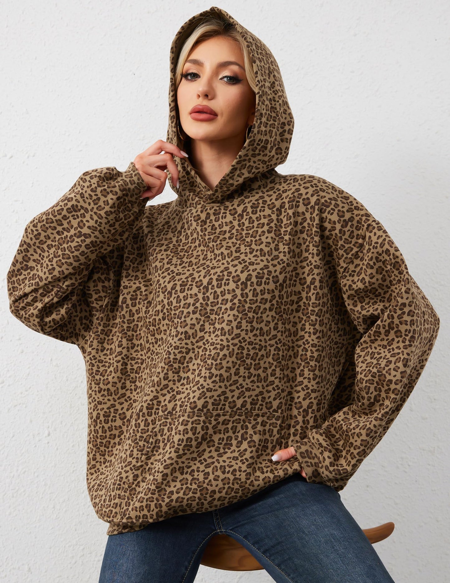 Eutten Women's Leopard Print Oversized Cheetah Print Hoodie Y2k Graphic Streetwear Pullover Hooded Sweatshirt