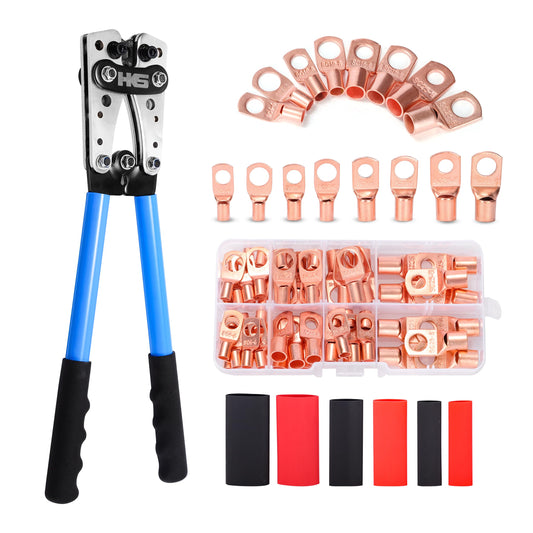 HKS Battery Cable Lug Crimping Tool 10-1 AWG, 60Pcs Copper Ring Terminals & 60Pcs 3:1 Heat Shrink Tubing, Heavy Duty Wire Crimper Set for Battery Cables
