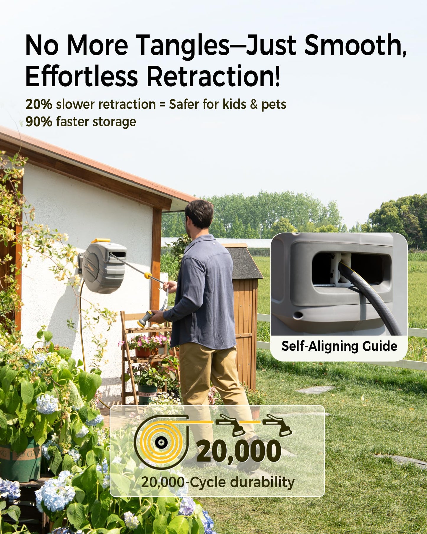 GLAHODEN Retractable Garden Hose Reel 1/2 in x 130 ft, 2025 Upgraded Dual Ratchet Lock UV & Freeze Protection Brass Seal Slow Retraction Anti-Tangle Hose 180°Swivel Reinforced Scaffold Wall Mount