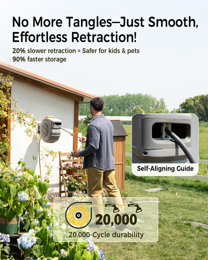 GLAHODEN Retractable Garden Hose Reel 1/2 in x 130 ft, 2025 Upgraded Dual Ratchet Lock UV & Freeze Protection Brass Seal Slow Retraction Anti-Tangle Hose 180°Swivel Reinforced Scaffold Wall Mount