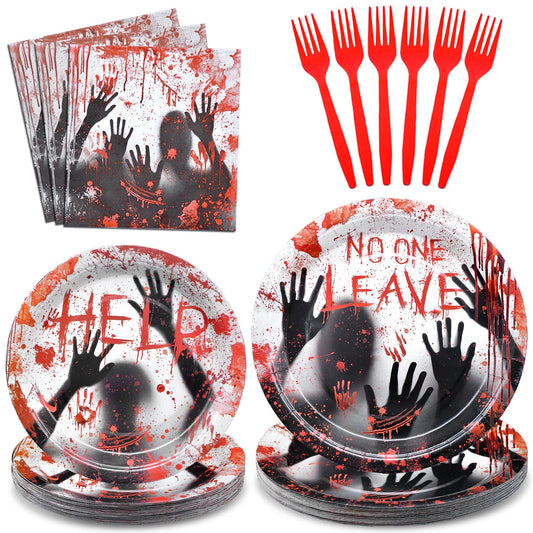 96 Pieces Halloween NO ONE LEAVES Tableware Set - Spooky Disposable Dinnerware with Plates, Napkins, Forks for Halloween Horror-Themed Events, and Haunted House Party Supplies, Serves 24 Guests