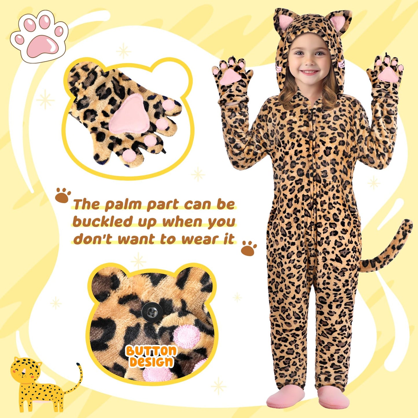 GIFTINBOX Leopard Costume Kids, Zip-Up Hooded Onesie Girls, Cat Costume for Girls Dress Up, Halloween Animal Costumes for Kids 5 6 7 8 9 10 11
