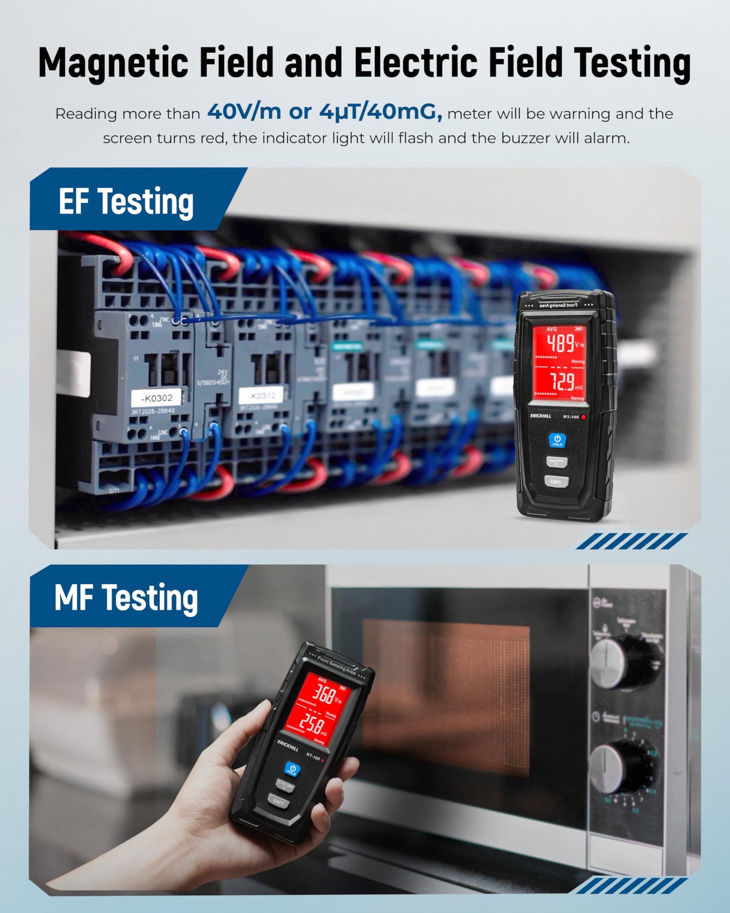 ERICKHILL EMF Meter, Detects Electric and Magnetic Fields, Handheld Digital EMF Detector with LCD Display, Sound-Light Alarm, Rechargeable Battery for Home, Office, and Appliances (Blue)