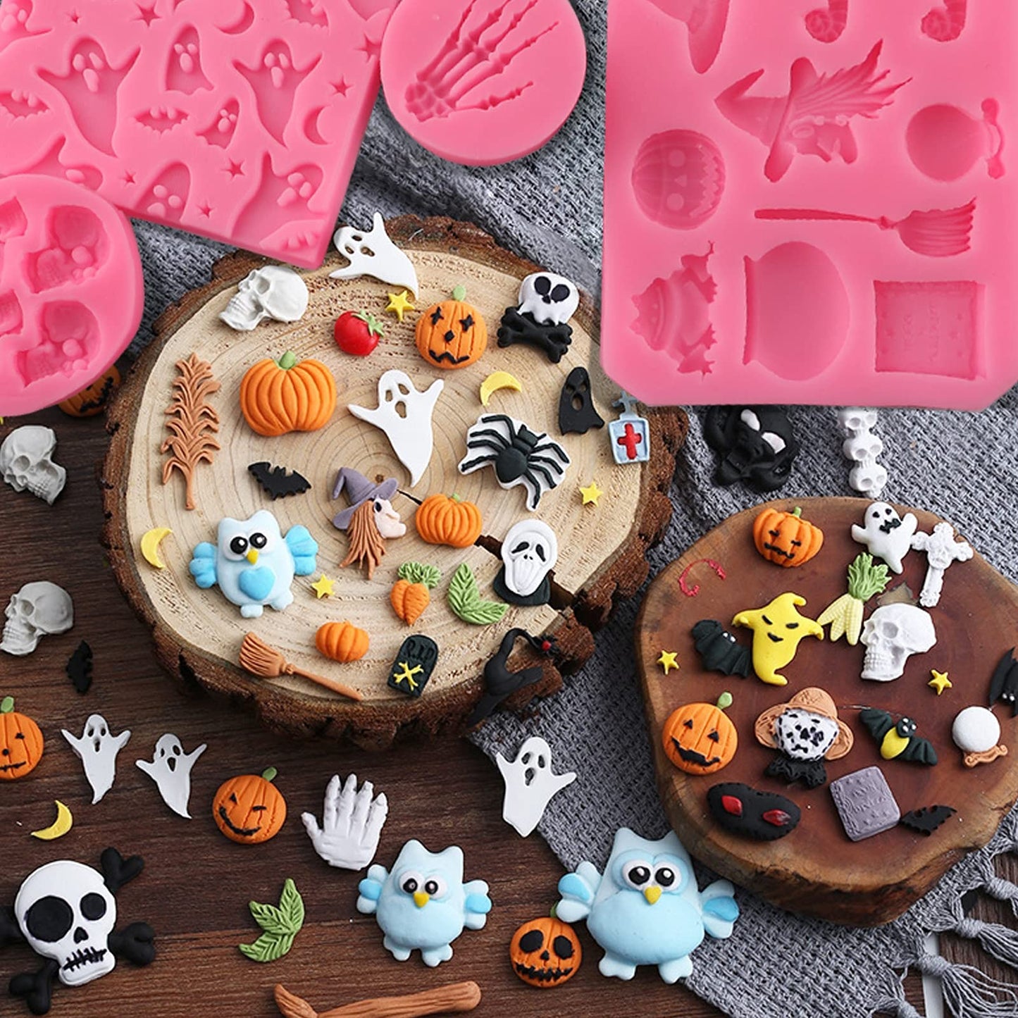 Halloween Silicone 7-Pack Pumpkin Cake & Cupcake Chocolate Skull Batskeleton Hand Bat Ghost Witch Candy Molds for Party