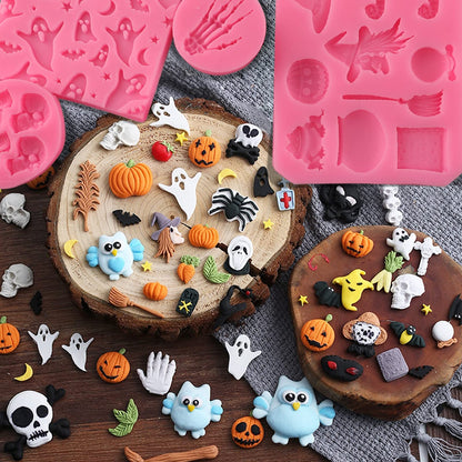 Halloween Silicone 7-Pack Pumpkin Cake & Cupcake Chocolate Skull Batskeleton Hand Bat Ghost Witch Candy Molds for Party