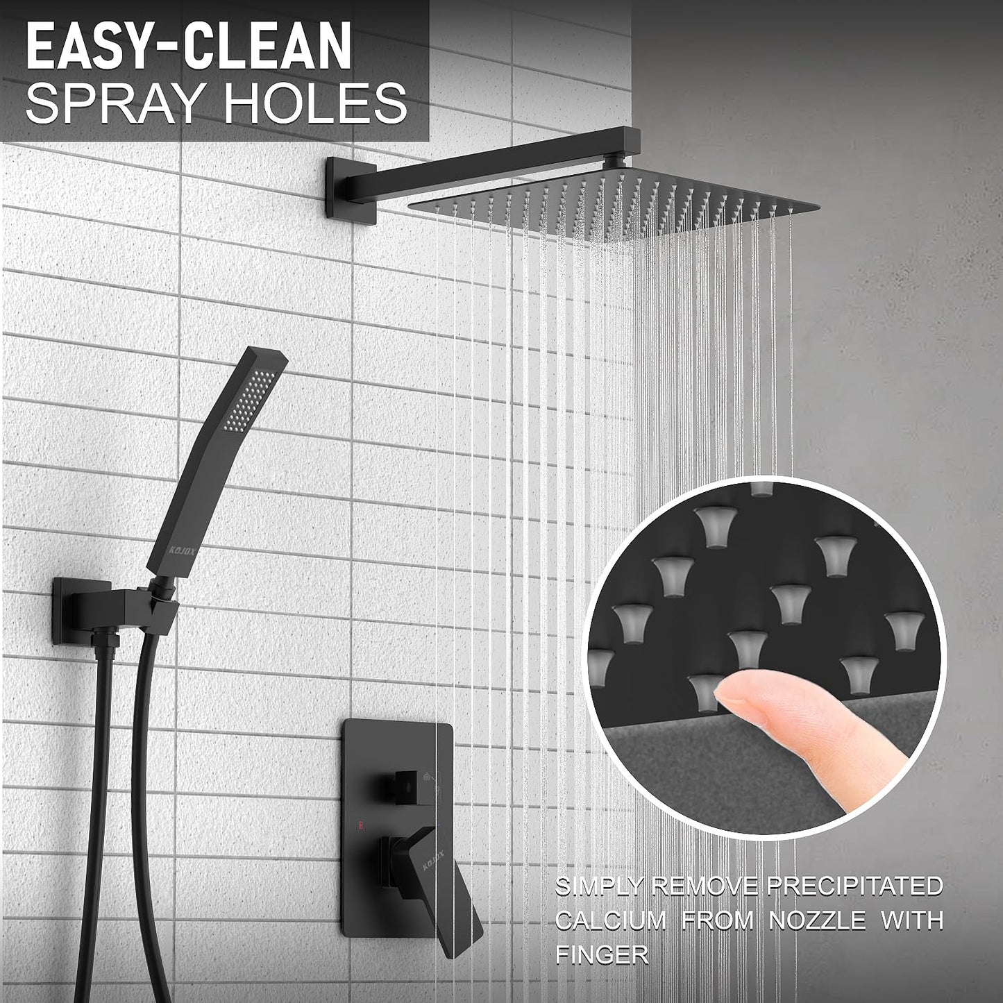 KOJOX Shower System with High Pressure 10'' Rainfall Shower Head, Handheld Shower head and Shower Faucet Trim valve, Bathroom Luxury Rain Mixer Shower Combo Set Wall Mounted Matte Black